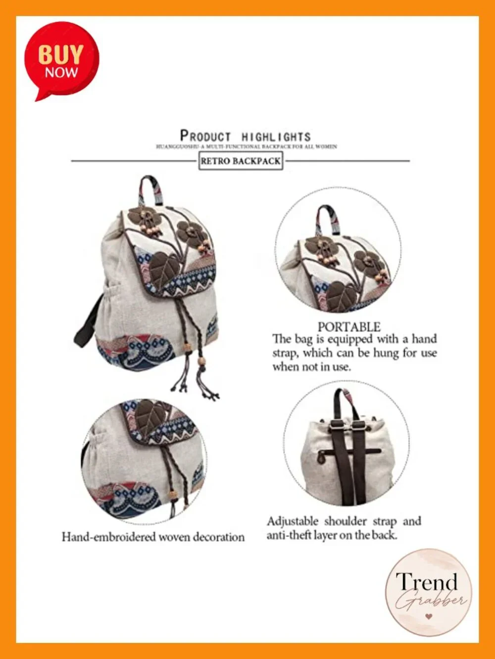 Vintage Boho Drawstring Anti-theft Convertible Backpack Purse Women Canvas